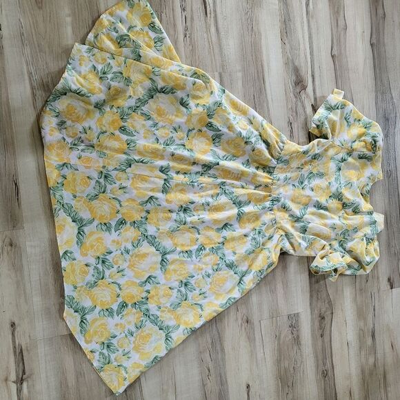 Vintage Country Romance Yellow Floral Polyester Blend Midi Dress Size 14 - Picture 9 of 16